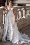 Scoop Neck Cap Sleeve Mermaid Wedding Dresses Appliques Detachable Train Dress - $532.78