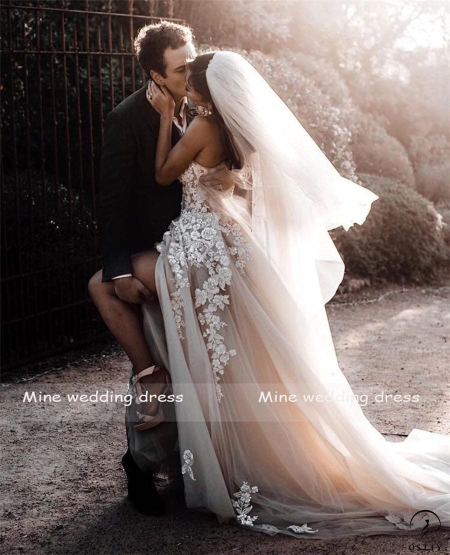 Sheer Lace 3D Flowers Applique Wedding Dresses Strapless Bridal Gowns - $199.90