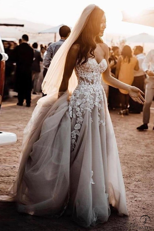 Sheer Lace 3D Flowers Applique Wedding Dresses Strapless Bridal Gowns - Wedding & Bridal Party Dresses $199.90