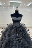 Strapless Black Dress Ball Gown Ruffle Party Dresses OS01006