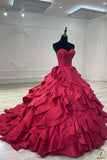 Strapless Wine Red Dress Ball Gown Ruffle Party Dresses OS01005