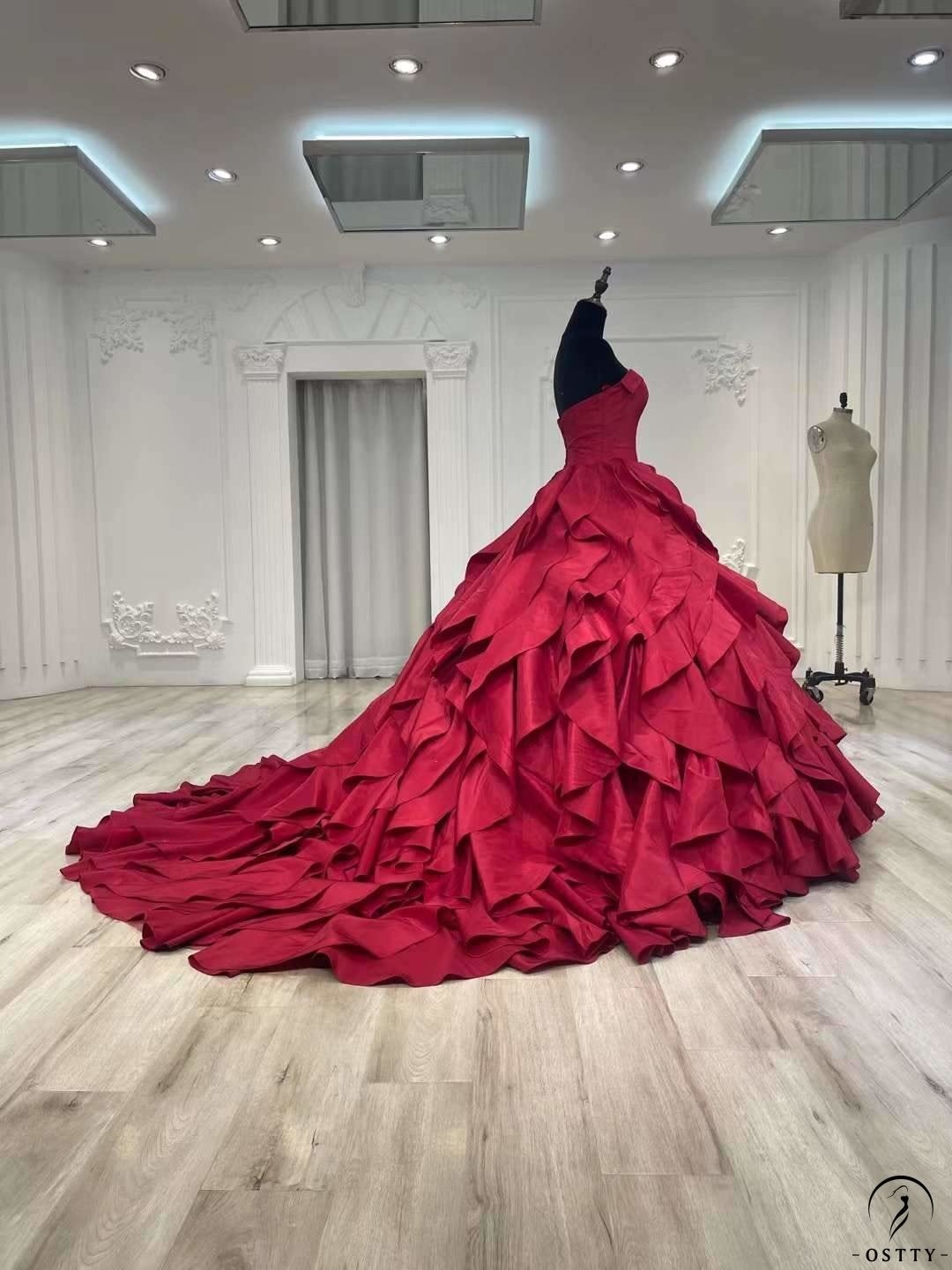 Strapless Wine Red Dress Ball Gown Ruffle Party Dresses OS01005 - Red Wedding Dress $699.99