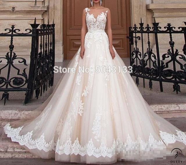 Transparent Scoop Champagne Wedding Dresses Applique Sleeveless Backless Bridal Gowns - Champagne / 26W - $209.42