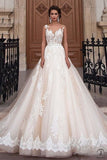 Transparent Scoop Champagne Wedding Dresses Applique Sleeveless Backless Bridal Gowns