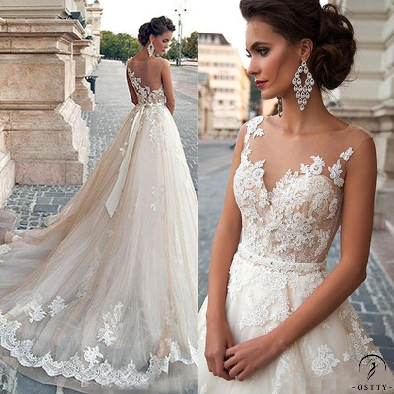 Transparent Scoop Champagne Wedding Dresses Applique Sleeveless Backless Bridal Gowns - $209.42