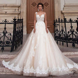 Transparent Scoop Champagne Wedding Dresses Applique Sleeveless Backless Bridal Gowns - $209.42