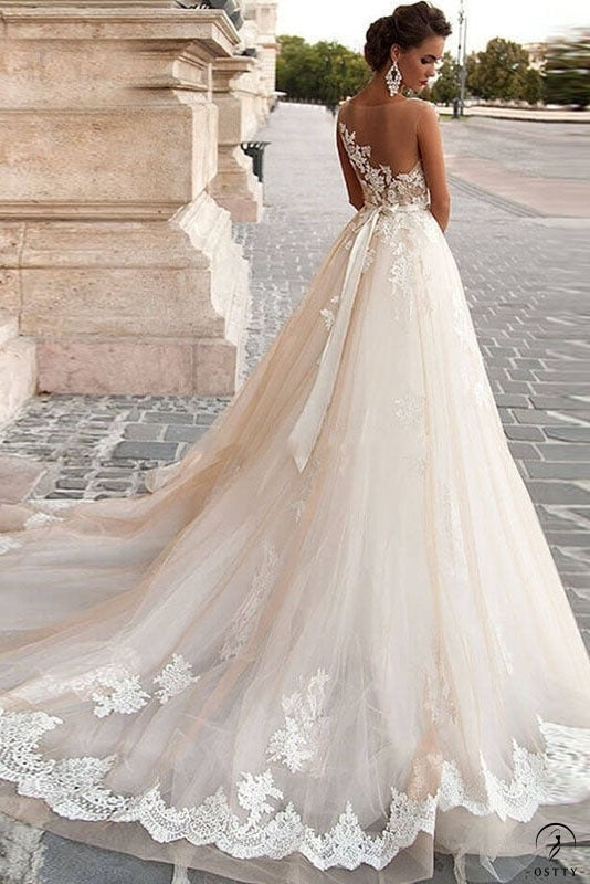 HAMMAH Classic A Line Wedding Dresses 2023 Bride Lace Appliques Off The  Shoulder Scoop Fancy Illusion Button Tulle Bridal Gowns - AliExpress