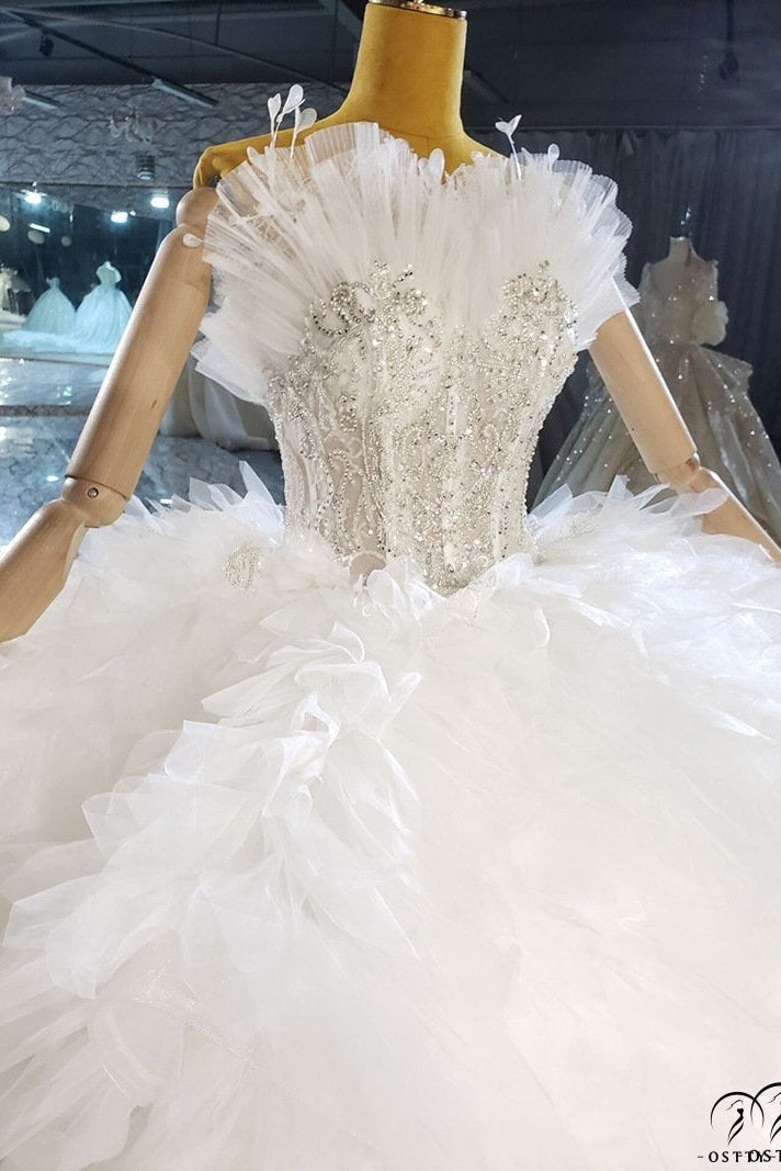 Tube Top High Waist Plush Large Trailing Lace Wedding Dress OS2225 - $999.99