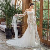 Wedding Bridal Gown Women’s off-Shoulder Slimming Fishtail Long Sleeve Wedding Solo Pettiskirt - White / Customized Service - $439.35