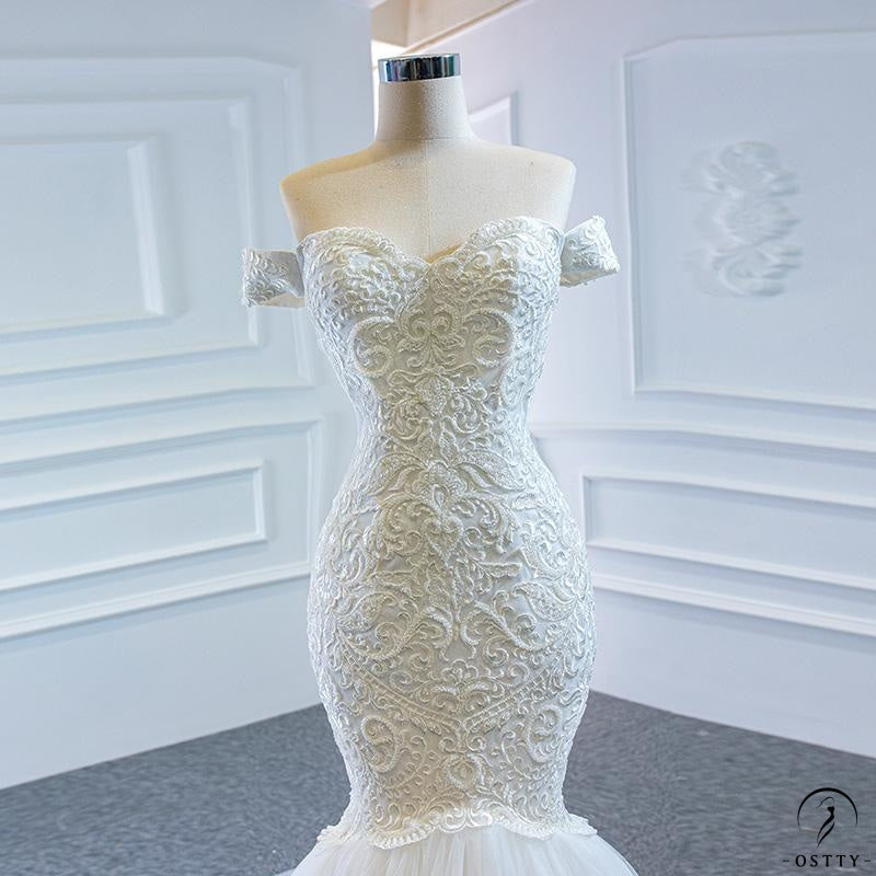 Wedding Dress Bridal Temperament off-Shoulder Fishtail Trailing Wedding Dress Female Solo Pettiskirt - White / Customized Service - $499.99