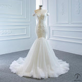 Wedding Dress Bridal Temperament off-Shoulder Fishtail Trailing Wedding Dress Female Solo Pettiskirt - White / Customized Service - $499.99
