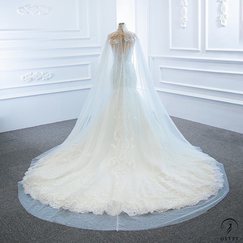 Wedding Dress Fashion Bride Fishtail Lace Removable Sleeve Trailing off-Shoulder Backless Simple Dress - $599.99