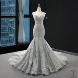 Wedding Dress Fashion Bride Fishtail Lace Removable Sleeve Trailing off-Shoulder Backless Simple Dress - Medium Gray / Custom made - $599.99