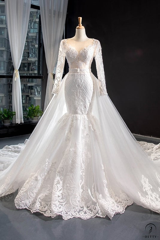 Wedding Dress Tight Waist Deep V-neck Long Sleeve Trailing Solo Pettiskirt Fishtail Skirt - $699.99