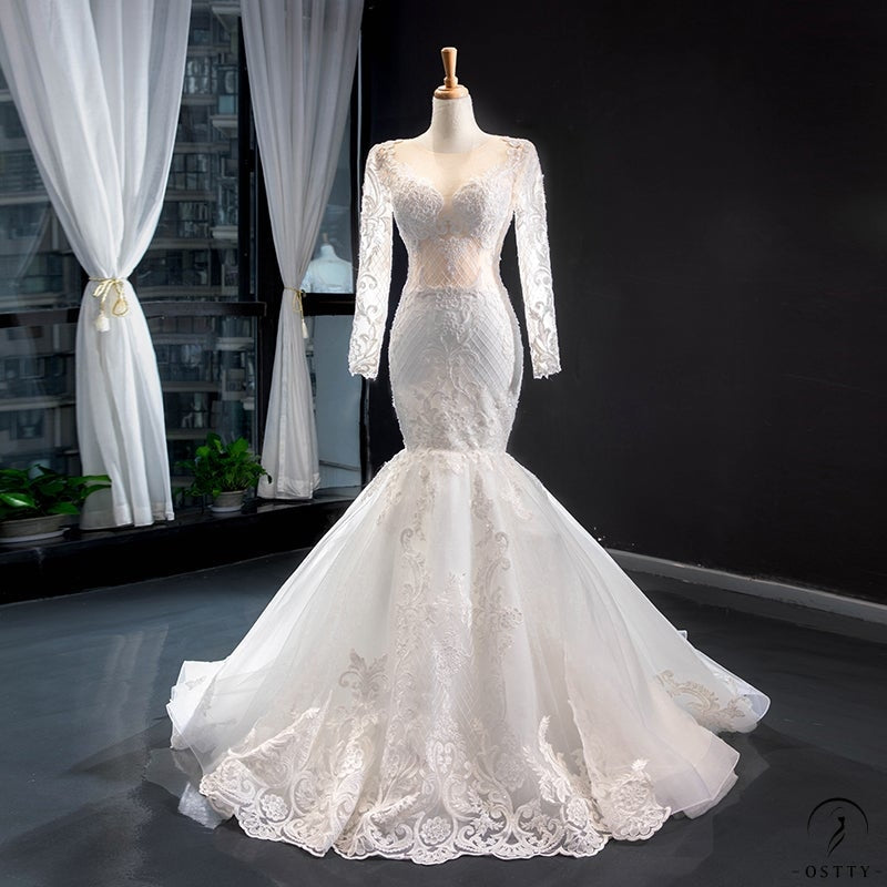 Wedding Dress Tight Waist Deep V-neck Long Sleeve Trailing Solo Pettiskirt Fishtail Skirt - White / Custom made - $699.99