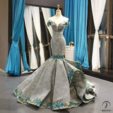 Wedding Performance Dress off-Shoulder Fishtail Temperament Solo Pettiskirt - Gray/blue flower / Custom made - $599.99