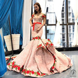 Wedding Performance Dress off-Shoulder Fishtail Temperament Solo Pettiskirt - Pink/red flower / Custom made - $599.99