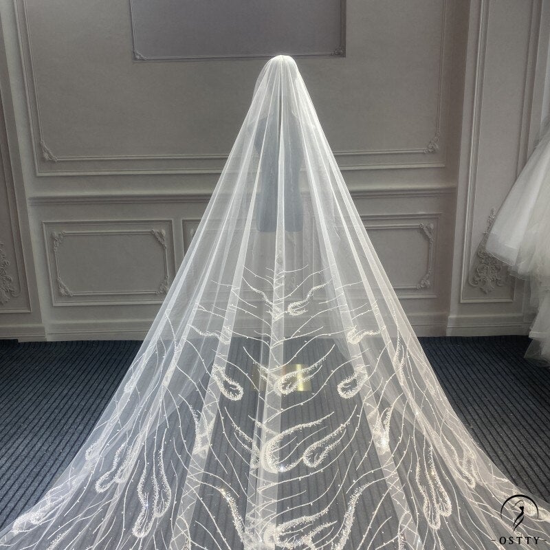 Luxury Beads Wedding Veils Arabic Beaded Stones Bridal Veils Floral  Cathedral Ivory Veil Long Without Comb