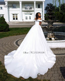 White Elegant Satin A-Line V-Neckline Off The Shoulder Wedding Dress - $389.90