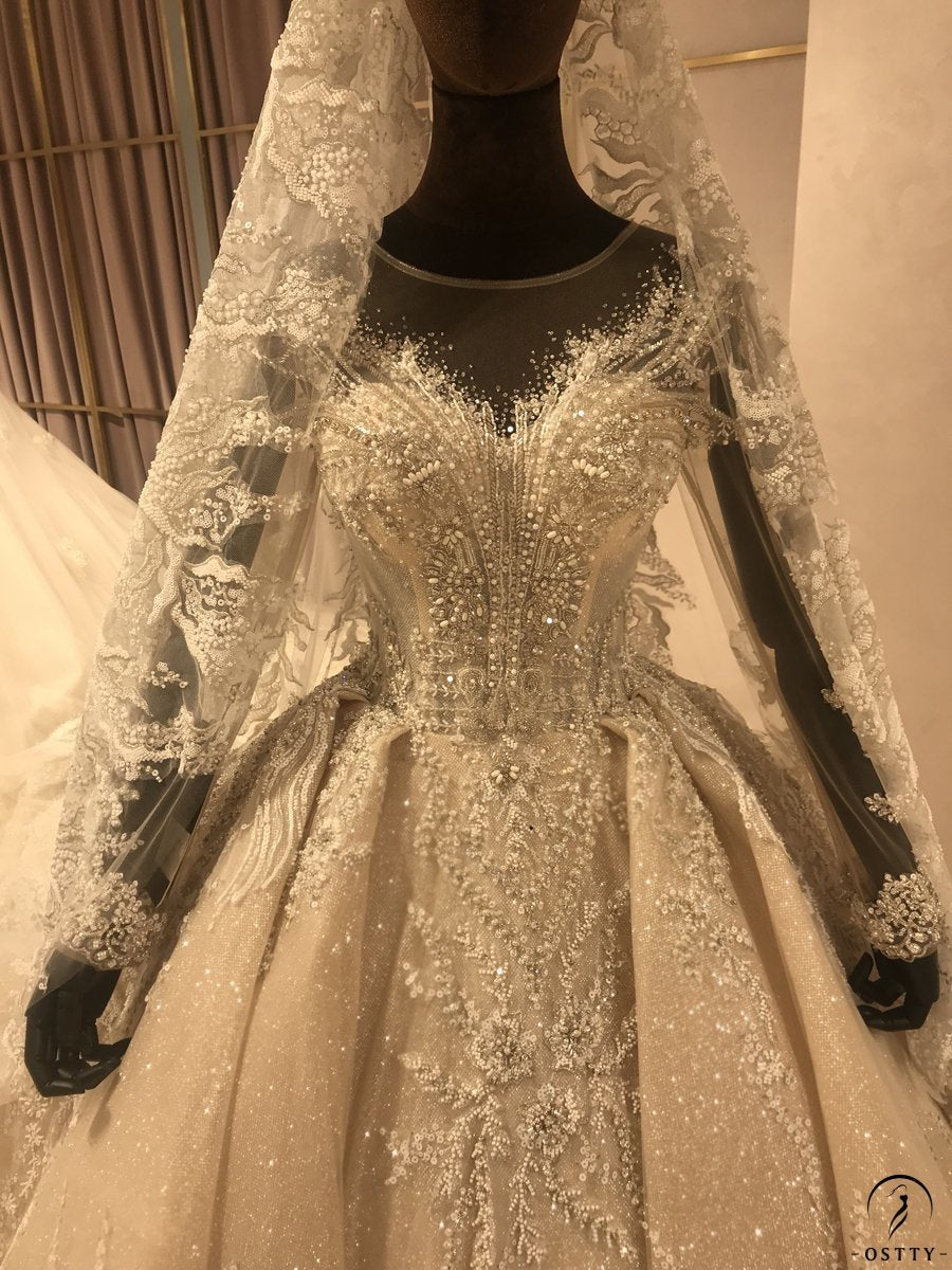 White High Neck Long Sleeves Full Beading Wedding Dress OS3930 - Wedding & Bridal Party Dresses $1,499.99