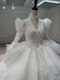 White Long Sleeve V neck Long Train Wedding Dress OSL202202 - Wedding & Bridal Party Dresses $899.99
