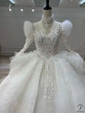 White Long Sleeve V neck Long Train Wedding Dress OSL202202