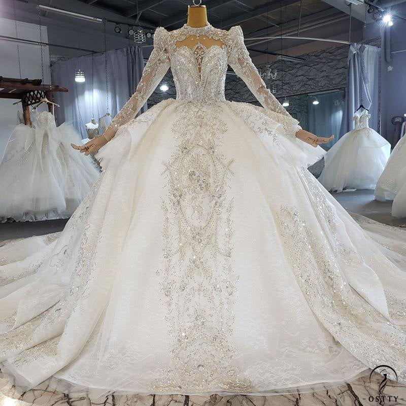 White Luxury Long Sleeve Wedding Dress With Train Pearl Sequins Lace High Waist Ball Gown OSA081901 - $1,299.99