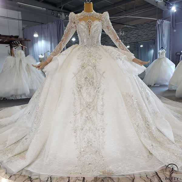 OSTTY - White Long Sleeve Wedding Dress With Train High Waist Ball Gown ...