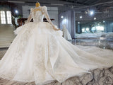 White Luxury Long Sleeve Wedding Dress With Train Pearl Sequins Lace High Waist Ball Gown OSA081901 - $1,299.99