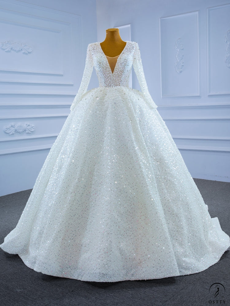 White Long Sleeves V Neck Wedding Dress OS67265 - Wedding & Bridal Party Dresses $1,049.99