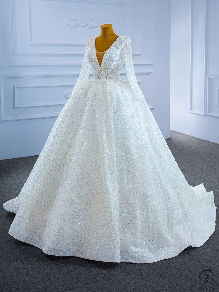 White Long Sleeves V Neck Wedding Dress OS67265 - Wedding & Bridal Party Dresses $1,049.99