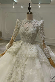 White Luxury Long Sleeve Wedding Dress With Train Pearl Sequins Lace High Waist Ball Gown OSL202203