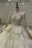 White Luxury Long Sleeve Wedding Dress With Train Pearl Sequins Lace High Waist Ball Gown OSL202203
