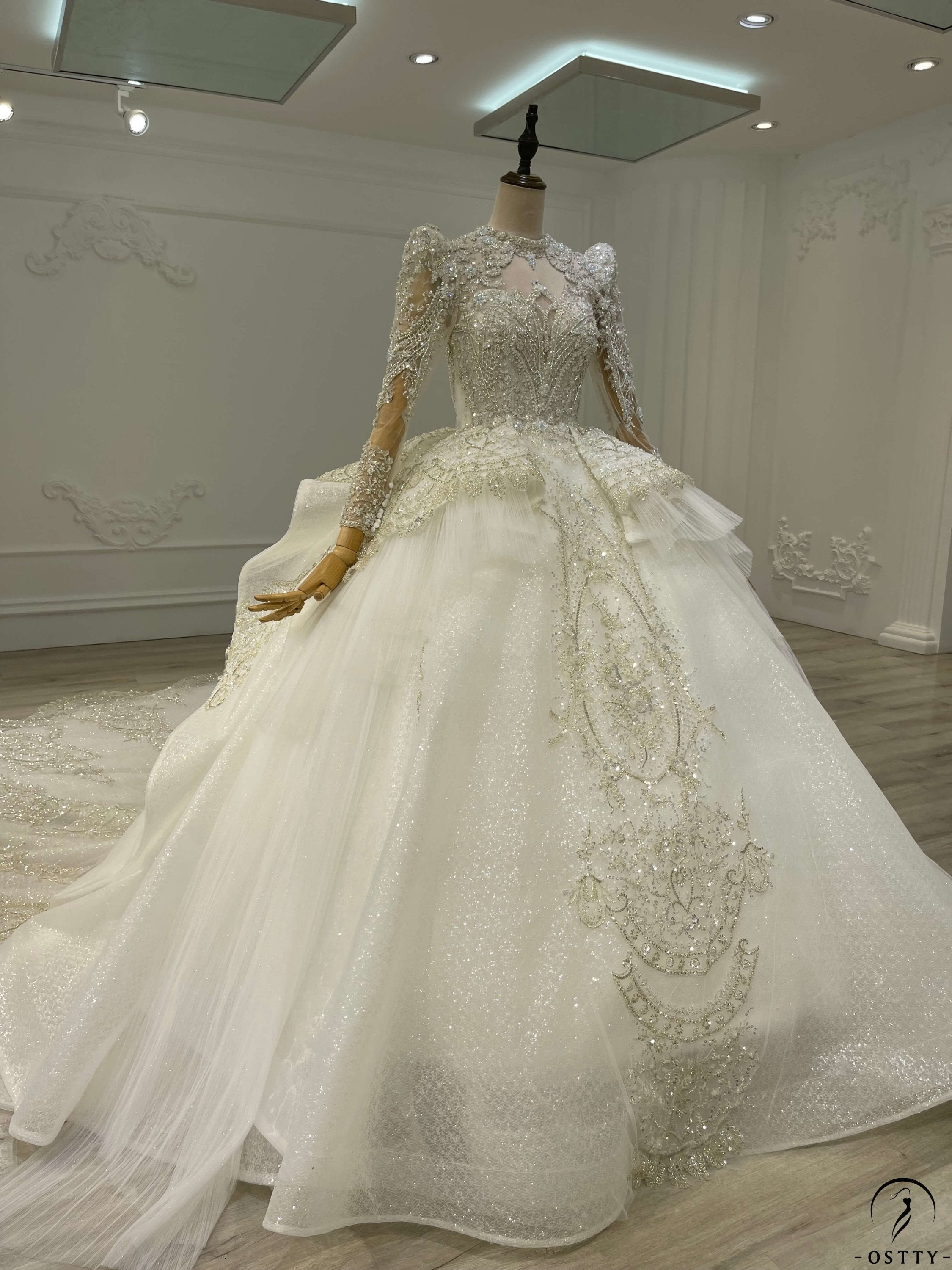 White Luxury Long Sleeve Wedding Dress With Train Pearl Sequins Lace High Waist Ball Gown OSA081901 - $1,499.99