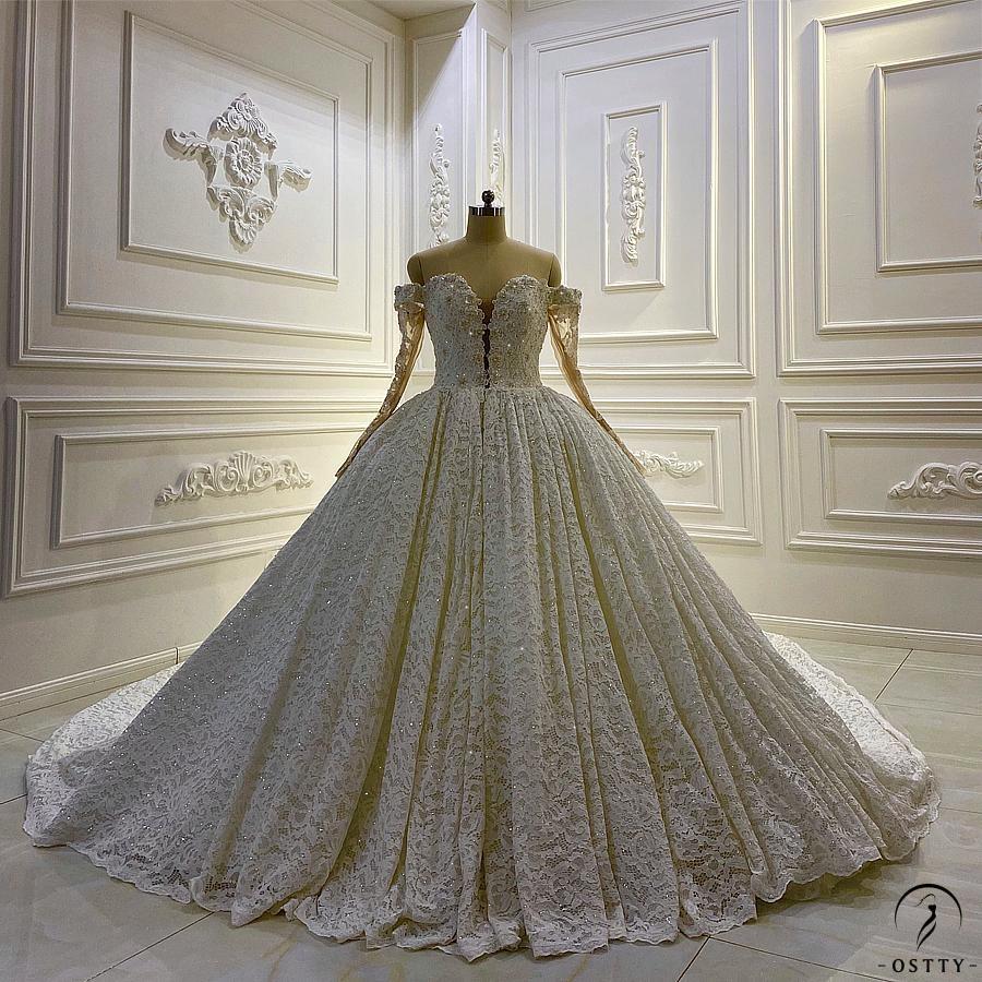 White One Shoulder Long Sleeves Full Beading Wedding Dress OS3935 - Wedding & Bridal Party Dresses $1,199.99