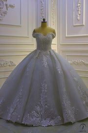 White One Shoulder V Neck Sleeveless Wedding Dress Ball Gown OS797