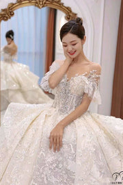 White Queen Collar Short Sleeve Crystals Pearl Wedding Dress OS09281