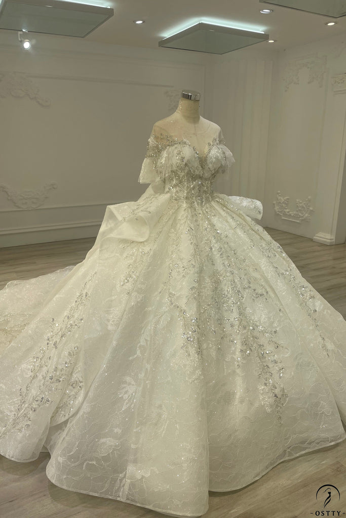 OSTTY - White Queen Collar Short Sleeve Crystals Pearl Wedding Dress ...
