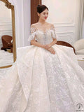 White Queen Collar Short Sleeve Crystals Pearl Wedding Dress OS09281 - Wedding Dresses $978.99