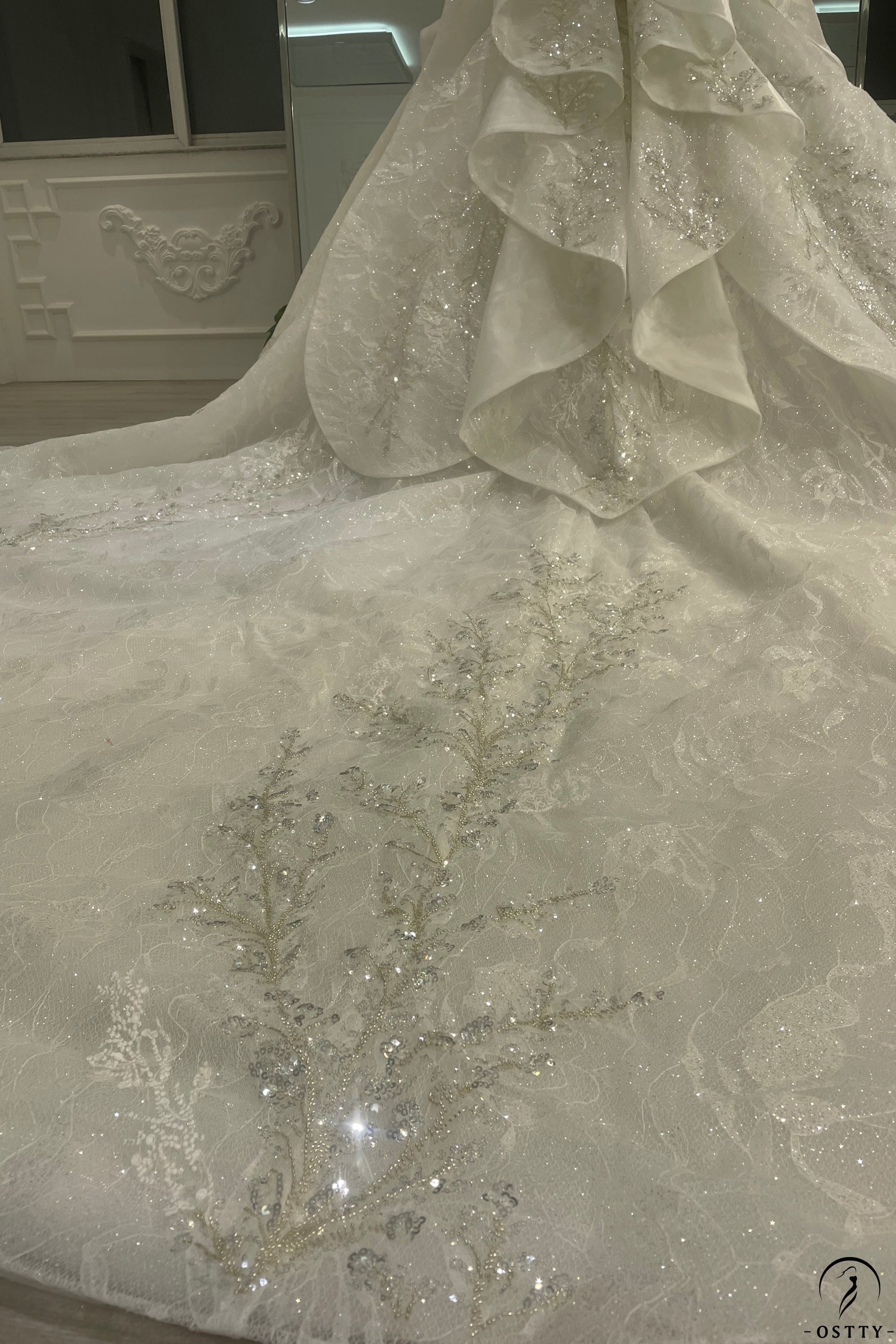 White Queen Collar Short Sleeve Crystals Pearl Wedding Dress OS09281 - Wedding Dresses $1,199.99