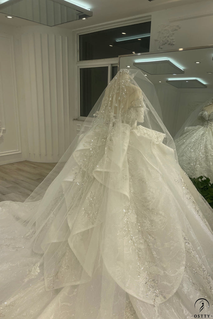 OSTTY - White Queen Collar Short Sleeve Crystals Pearl Wedding Dress ...