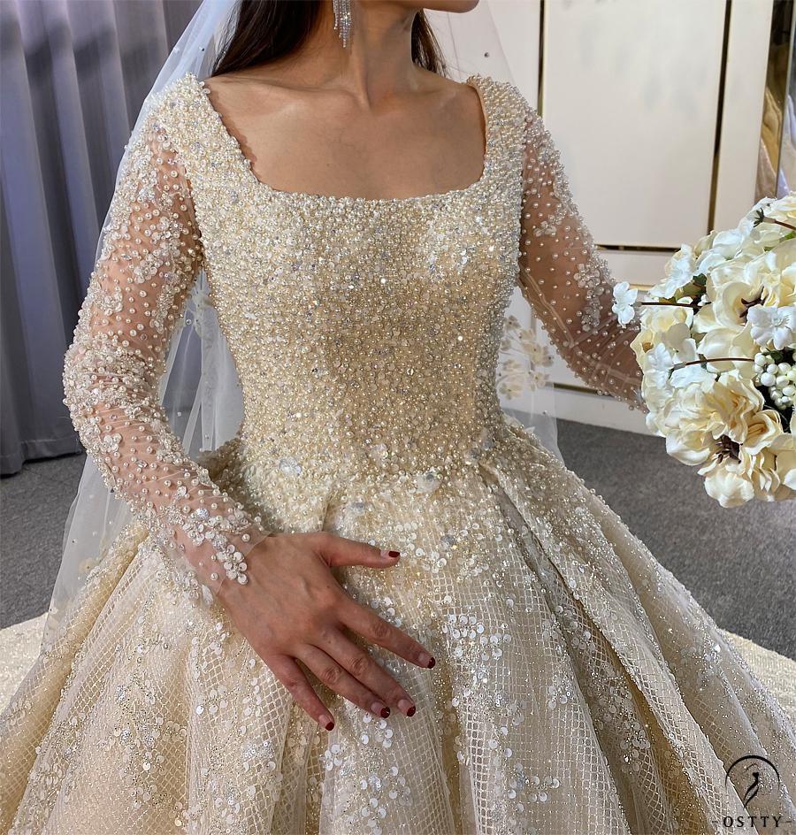 White Round Neck Long Sleeves Full Beading Wedding Dress OS3942 - Wedding & Bridal Party Dresses $1,857.99