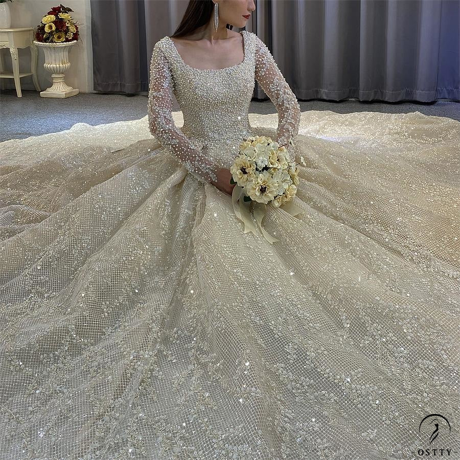 White Round Neck Long Sleeves Full Beading Wedding Dress OS3942 - Wedding & Bridal Party Dresses $1,857.99