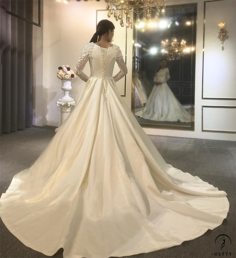 White Satin Round Neck Long Sleeves Wedding Dress OS3940 - Wedding & Bridal Party Dresses $999.99