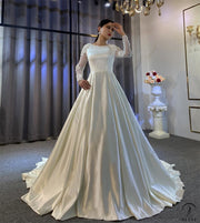 White Satin Round Neck Long Sleeves Wedding Dress OS3940