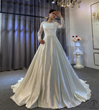 White Satin Round Neck Long Sleeves Wedding Dress OS3940 - Wedding & Bridal Party Dresses $999.99