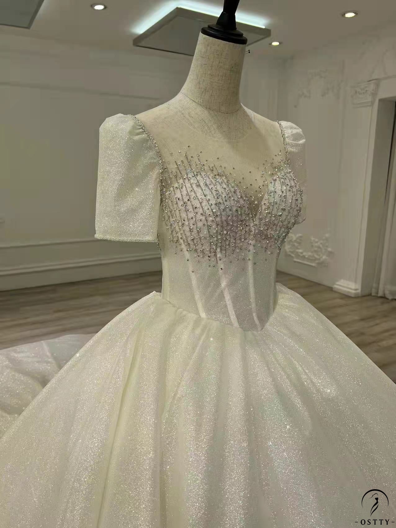 White Shining Star Short Sleeves V Neck Wedding Dress - Wedding & Bridal Party Dresses $1,199.99