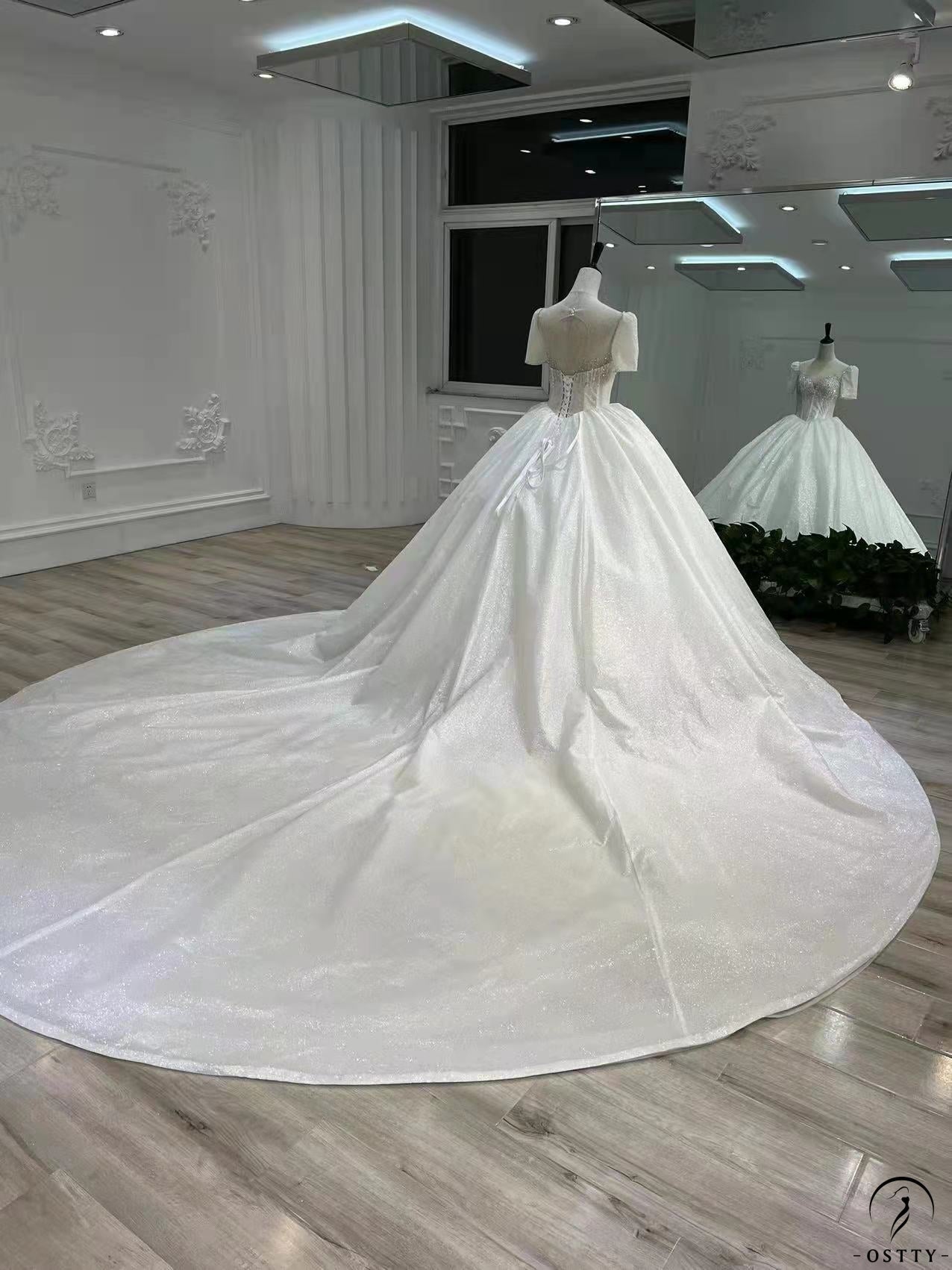White Shining Star Short Sleeves V Neck Wedding Dress - Wedding & Bridal Party Dresses $1,199.99