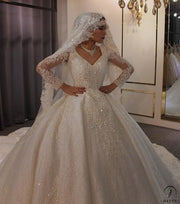 White V Neck Long Sleeves Beading Wedding Dress OS3926