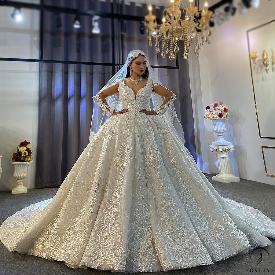 White V Neck Long Sleeves Full Beading Wedding Dress OS3943 - Wedding & Bridal Party Dresses $1,599.99